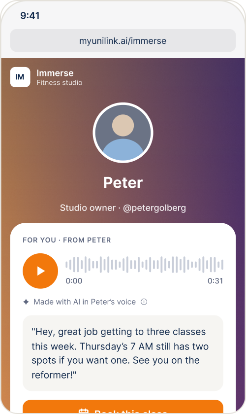 Your member page on a phone, with example data: your photo, a short welcome note in your voice labelled as made with AI, and a button to book your next class.