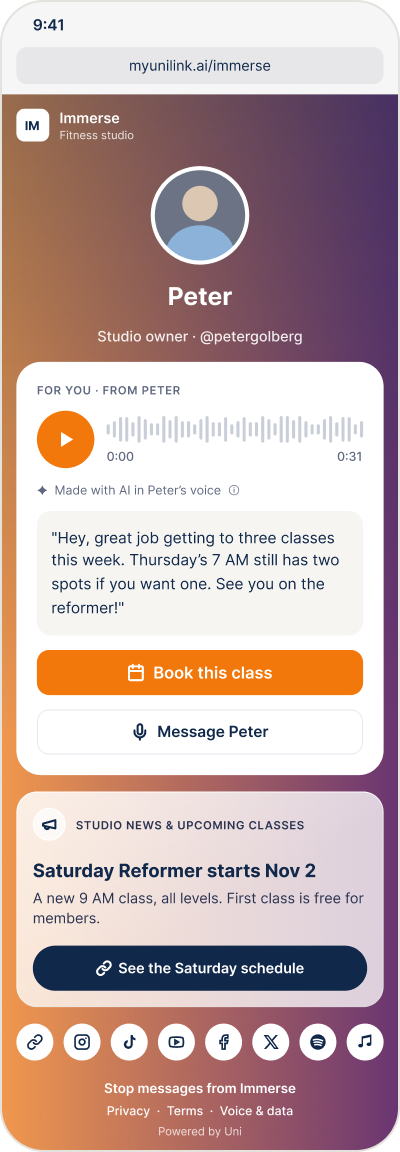 A member’s page on a phone, with example data: this week’s note from the instructor and a promotion for a new class.