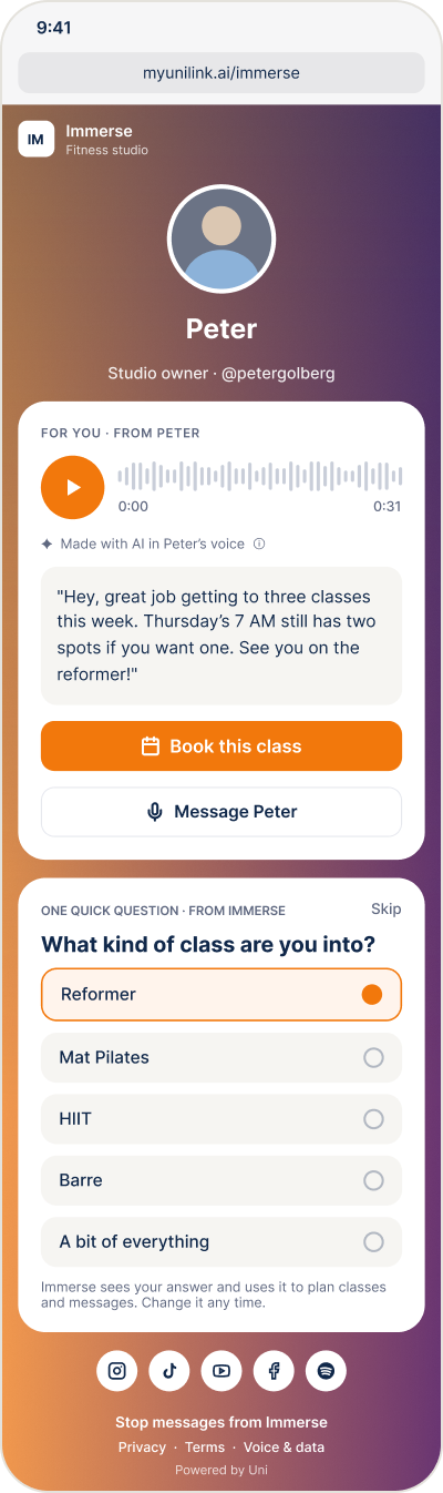 A member’s page on a phone, with example data: this week’s note from the instructor, labelled as made with AI, and a quick question.